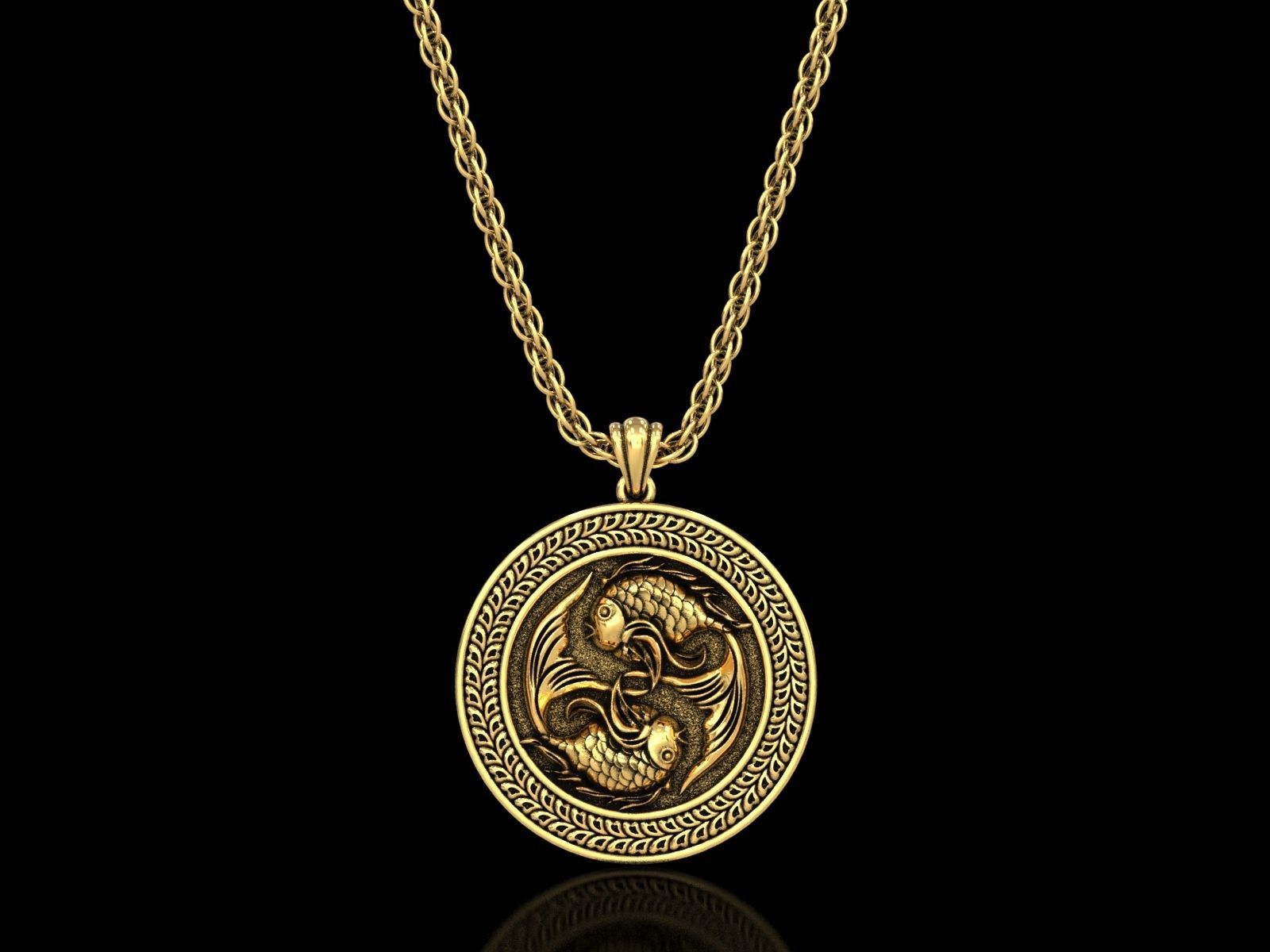 The Pisces Zodiac Sign Fishes Medallion Pendant v4 3D print model_14