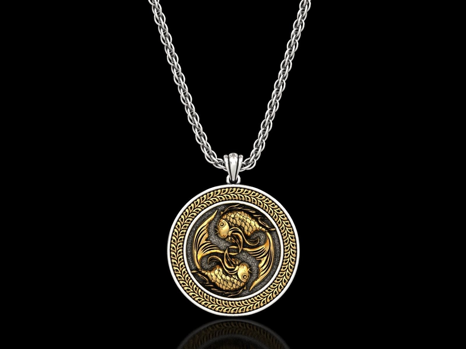 The Pisces Zodiac Sign Fishes Medallion Pendant v4 3D print model_4
