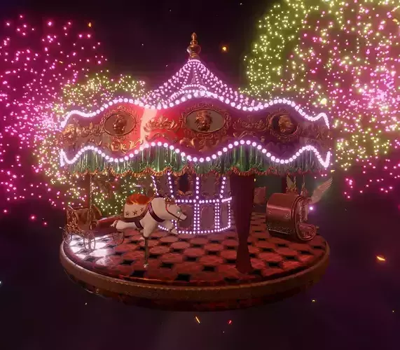 animals merry-go-round ride in fireworks  3D model  Low-poly 3D model
