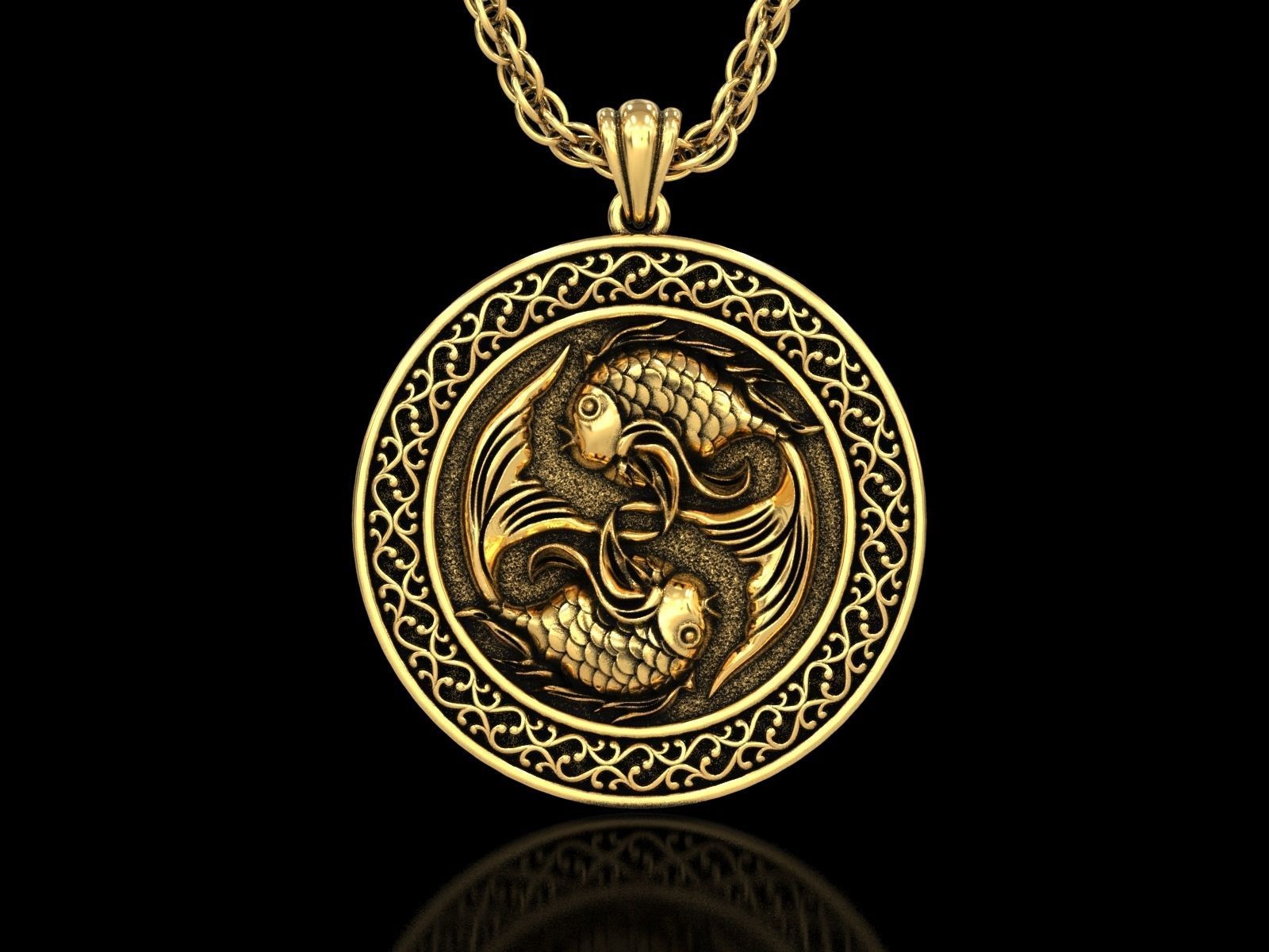 The Pisces Zodiac Sign Fishes Medallion Pendant v5 3D print model_1