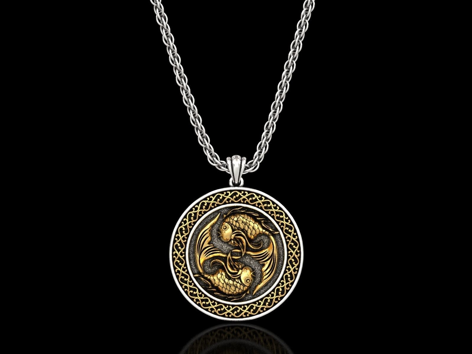 The Pisces Zodiac Sign Fishes Medallion Pendant v5 3D print model_11