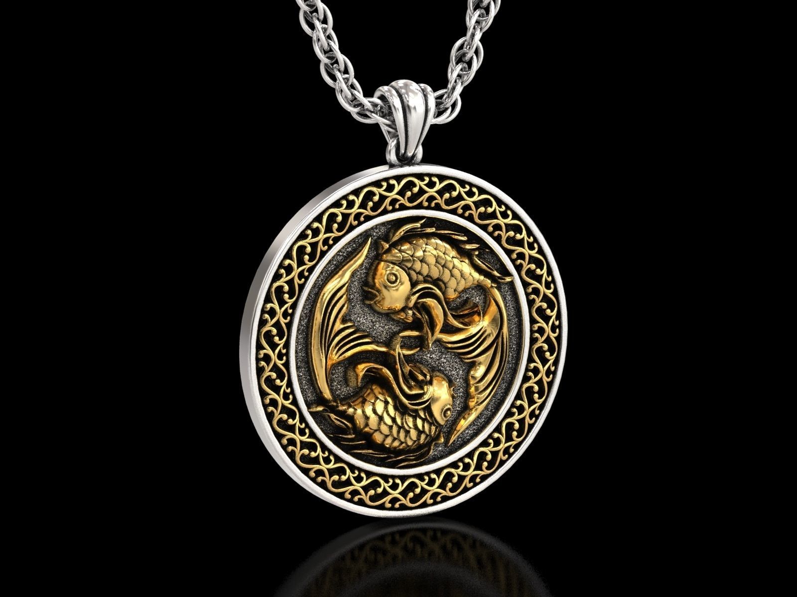 The Pisces Zodiac Sign Fishes Medallion Pendant v5 3D print model_3