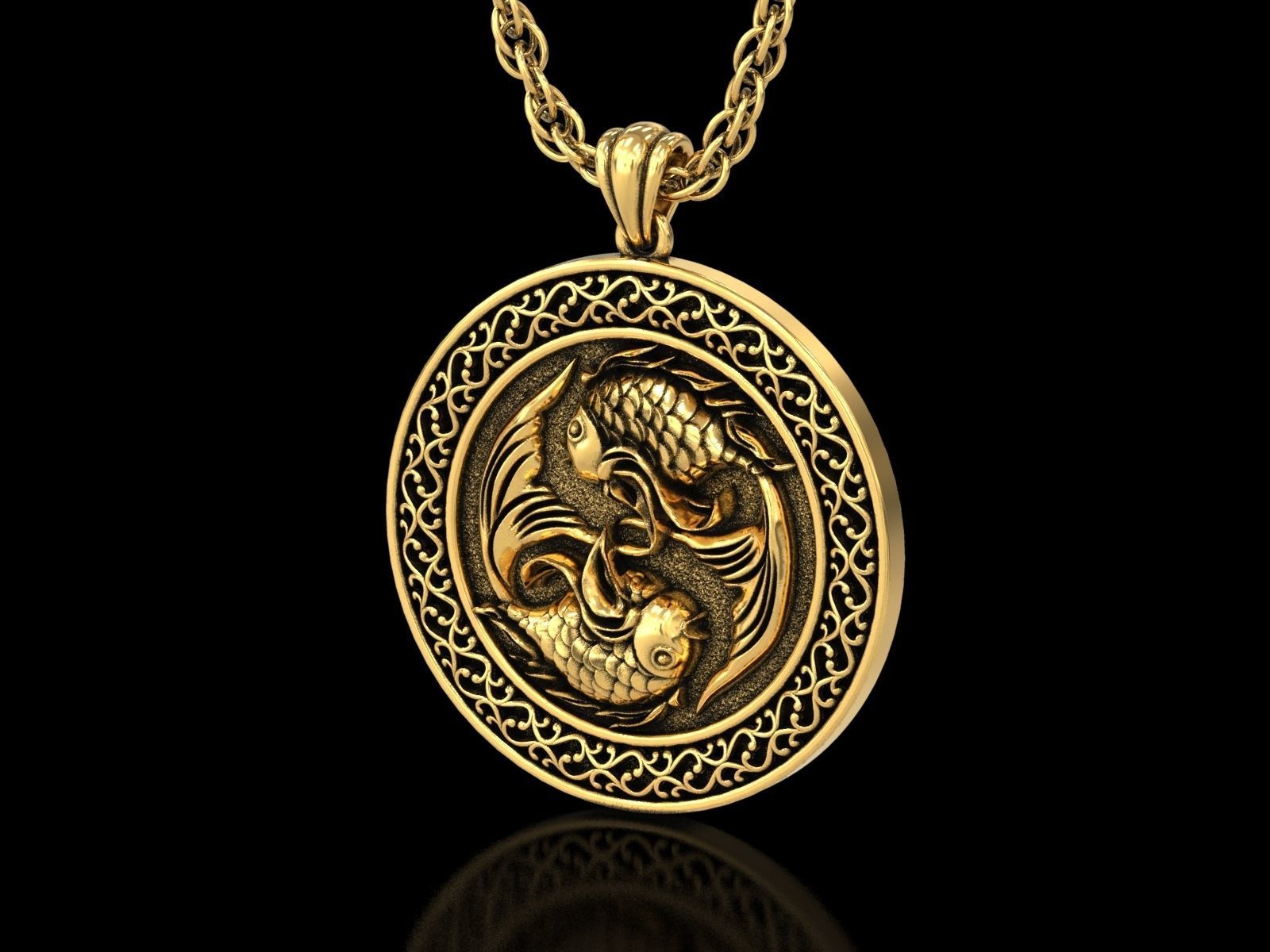 The Pisces Zodiac Sign Fishes Medallion Pendant v5 3D print model_12
