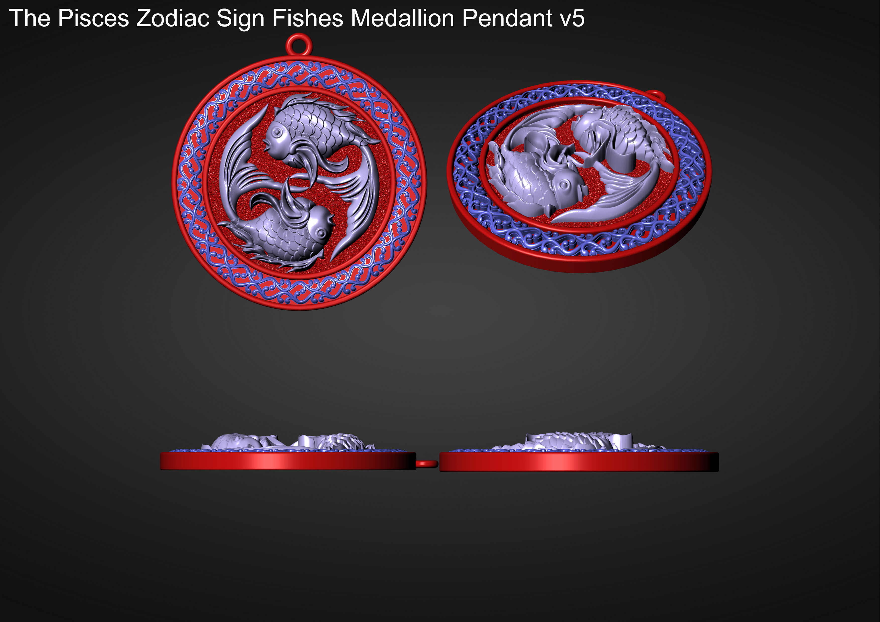 The Pisces Zodiac Sign Fishes Medallion Pendant v5 3D print model_19