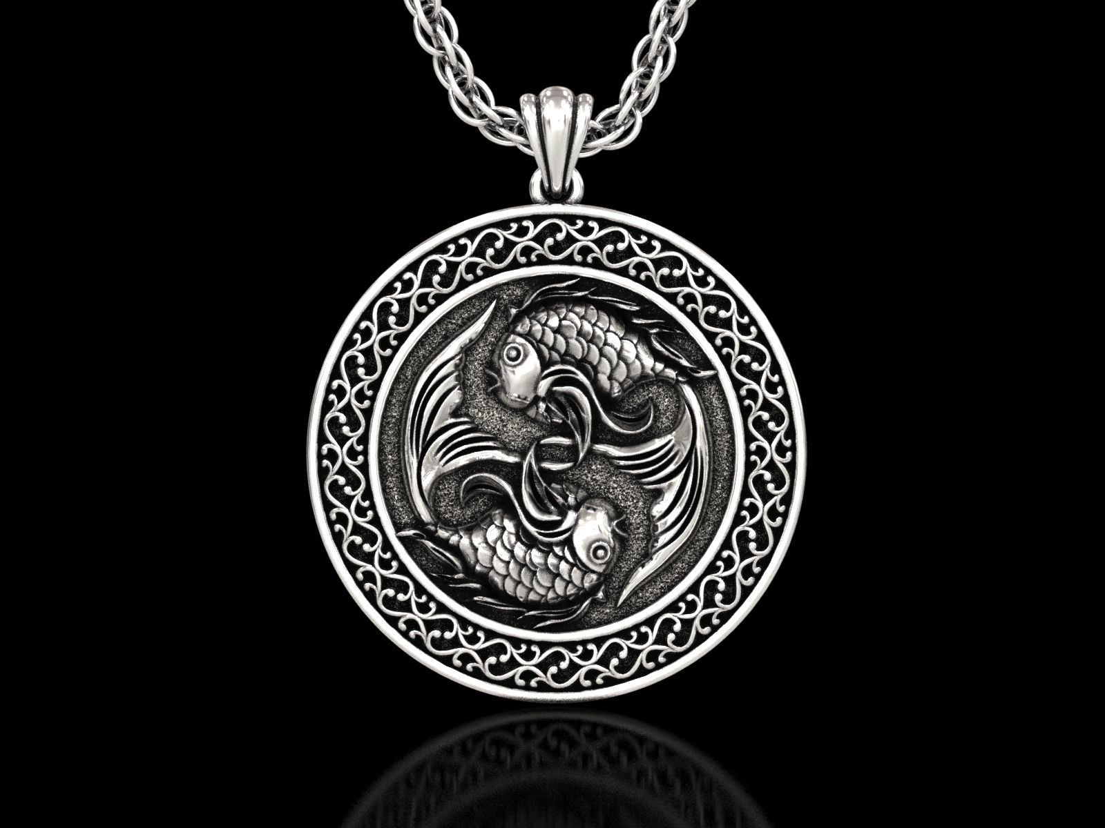 The Pisces Zodiac Sign Fishes Medallion Pendant v5 3D print model_2