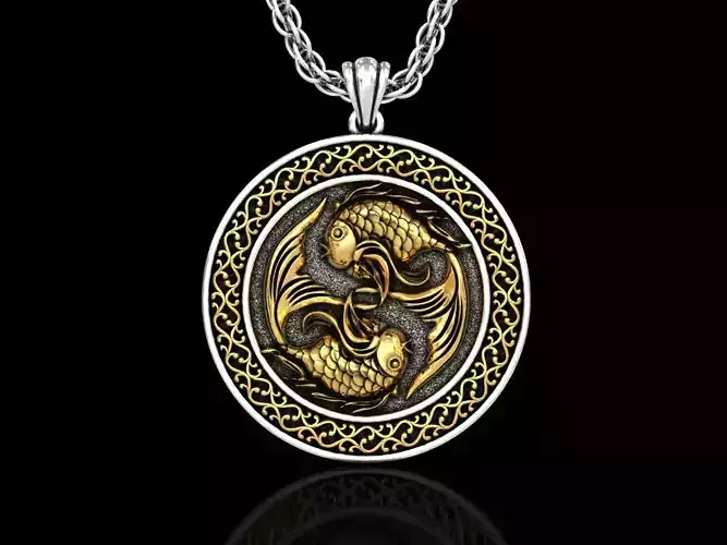 The Pisces Zodiac Sign Fishes Medallion Pendant v5 3D print model
