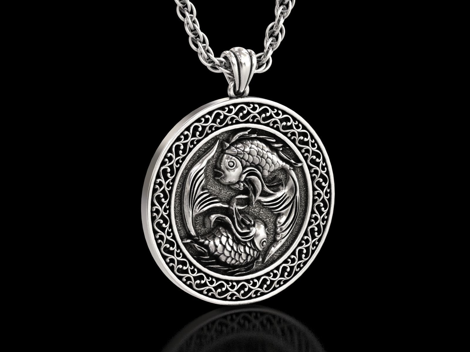 The Pisces Zodiac Sign Fishes Medallion Pendant v5 3D print model_13
