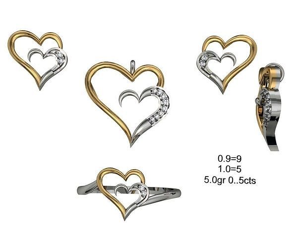 heart pendant all sets earring and necklace and ring 3D print model
