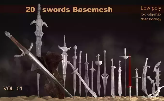 20 swords basemesh lowpoly vol01 Low-poly 3D model