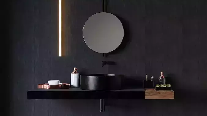 Bathroom 1 circular mirror hanging from rod