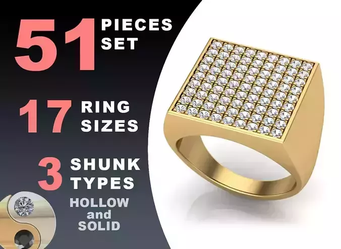 Signet rings set SQUAREtop 3D print model