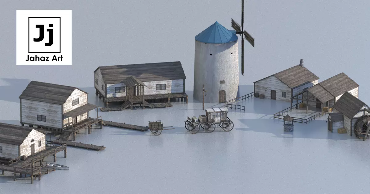 Package Rustic Wooden Houses with interiors Low-poly 3D model