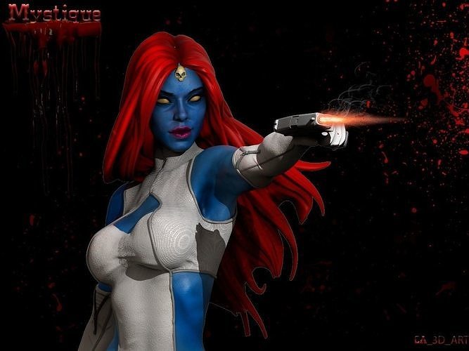 Mystique 3D Print statue of woman holding gun 3D print model