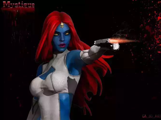 Mystique 3D Print statue of woman holding gun 3D print model