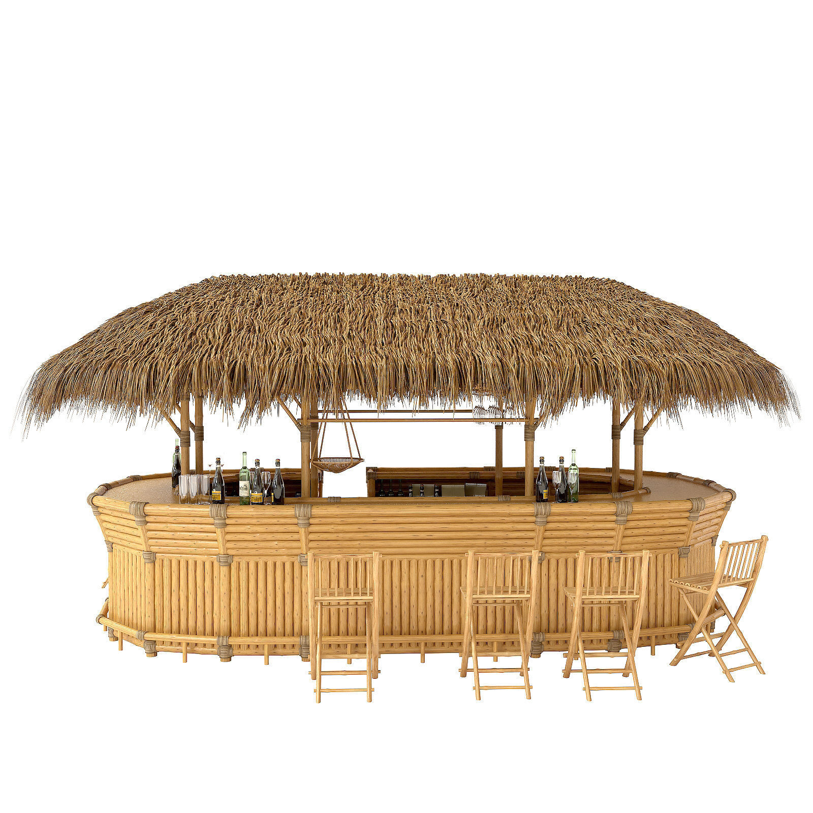 Thatched Bamboo tiki bar oval with chairs 3D model_3