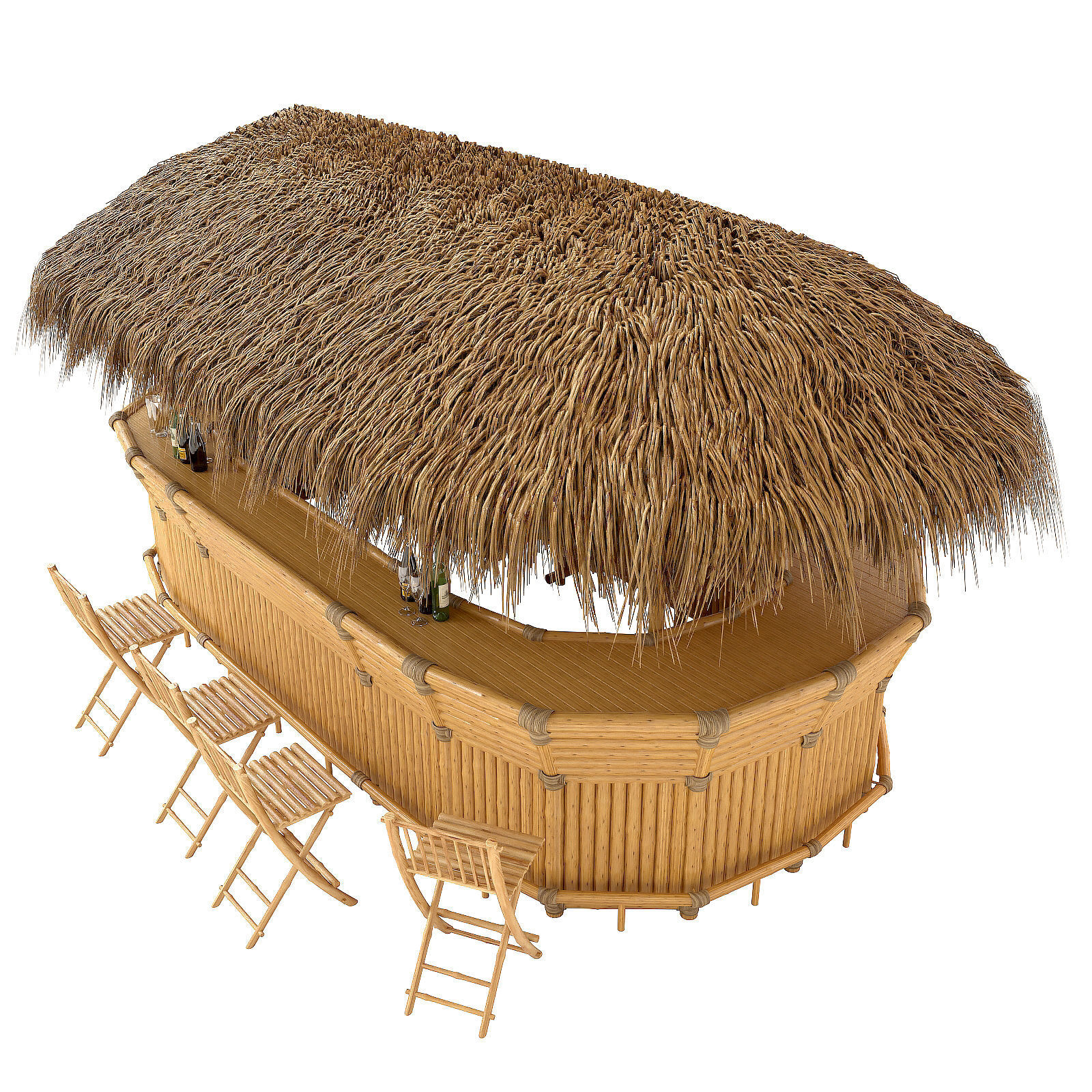 Thatched Bamboo tiki bar oval with chairs 3D model_11