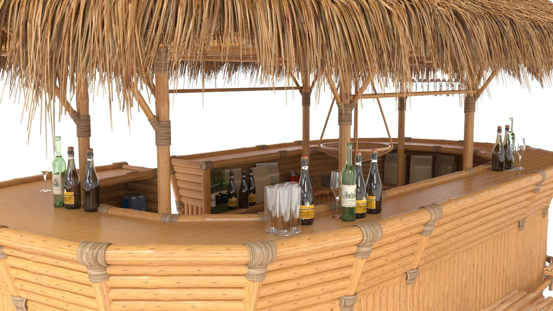 Thatched Bamboo tiki bar oval with chairs 3D model_5