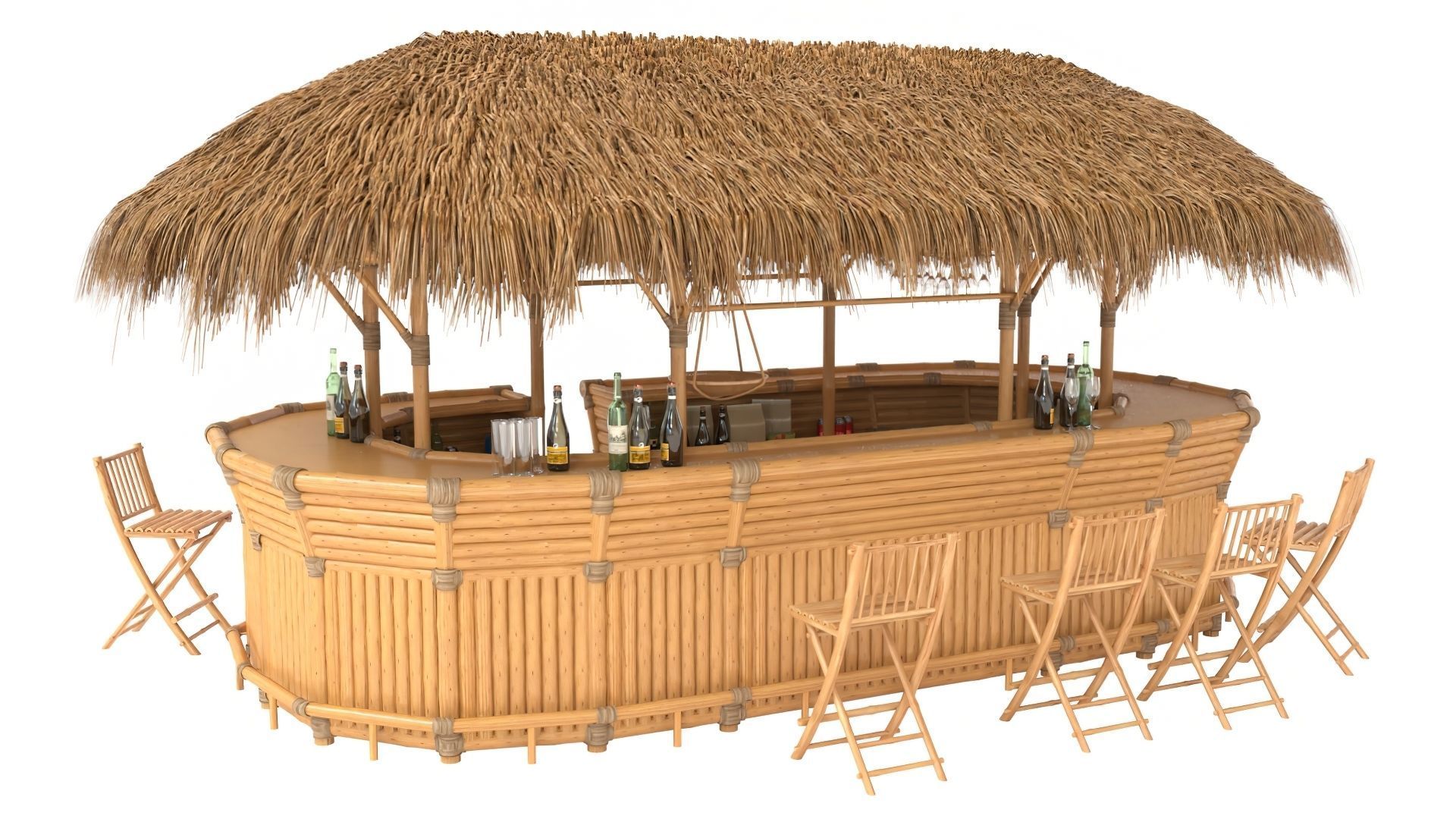 Thatched Bamboo tiki bar oval with chairs 3D model_12