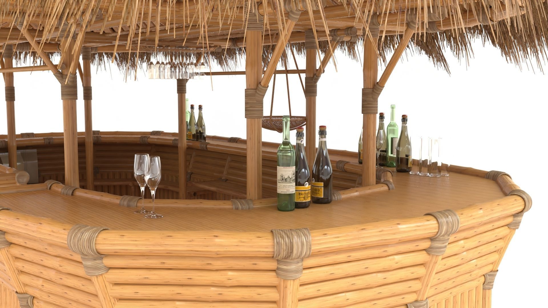 Thatched Bamboo tiki bar oval with chairs 3D model_9
