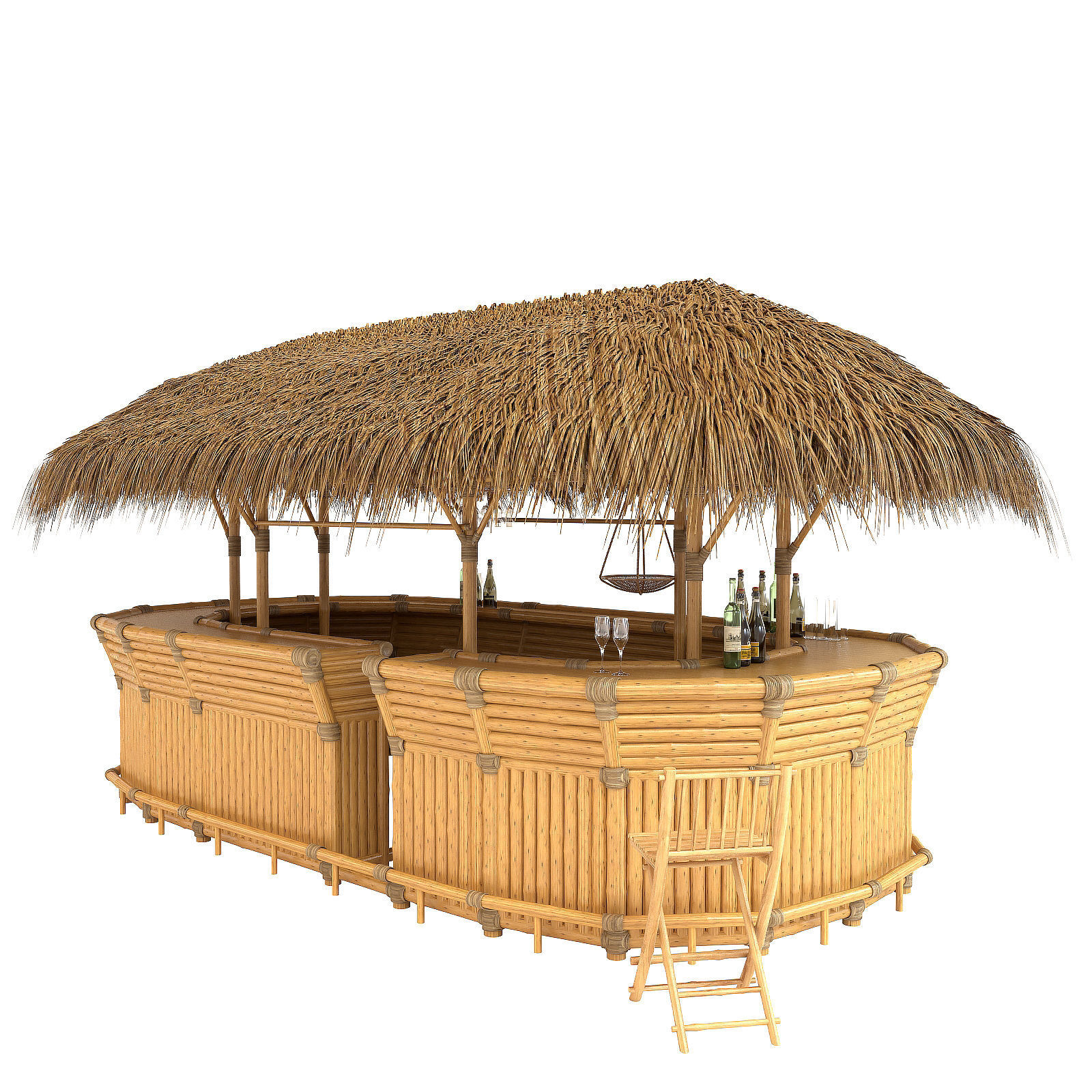 Thatched Bamboo tiki bar oval with chairs 3D model_6