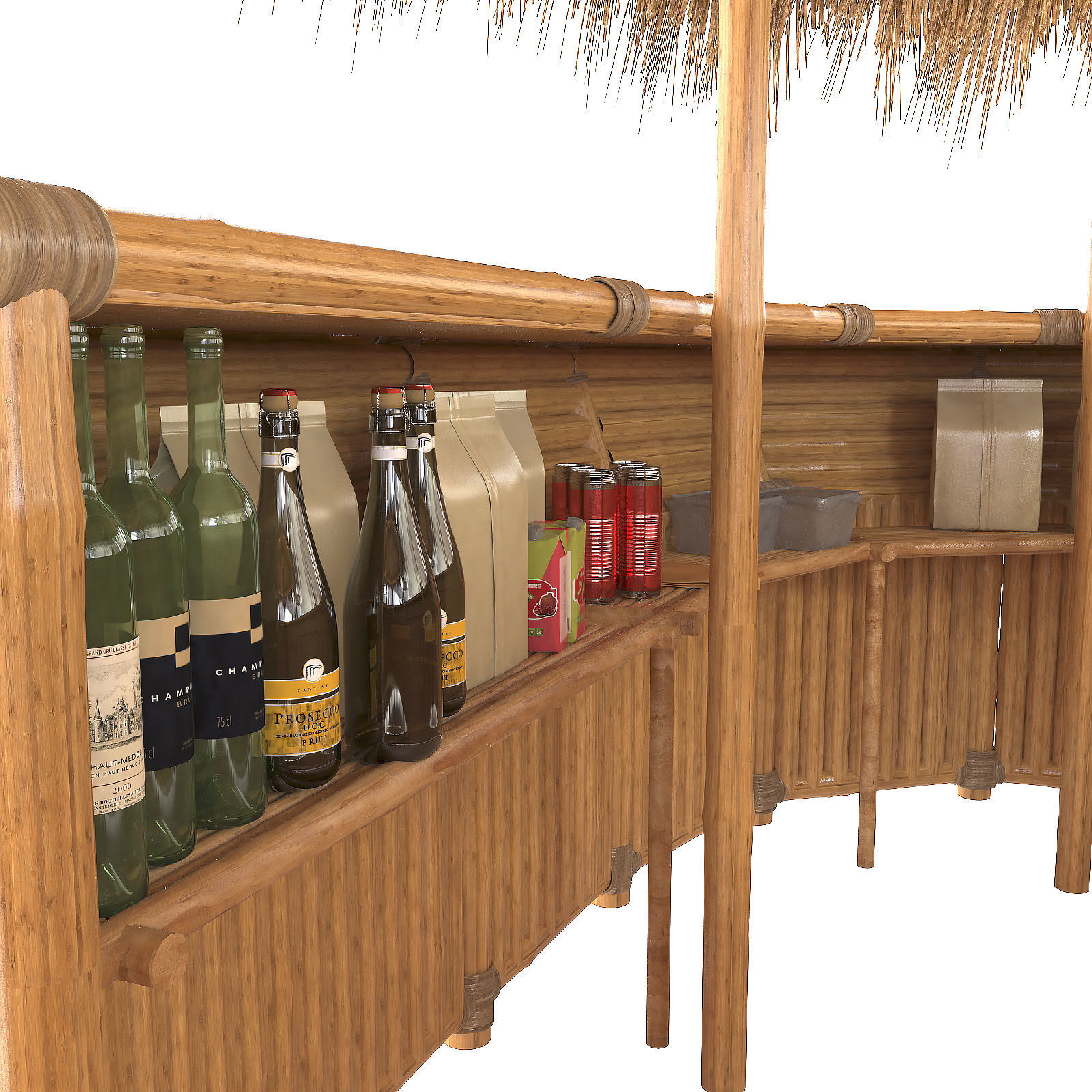 Thatched Bamboo tiki bar oval with chairs 3D model_14
