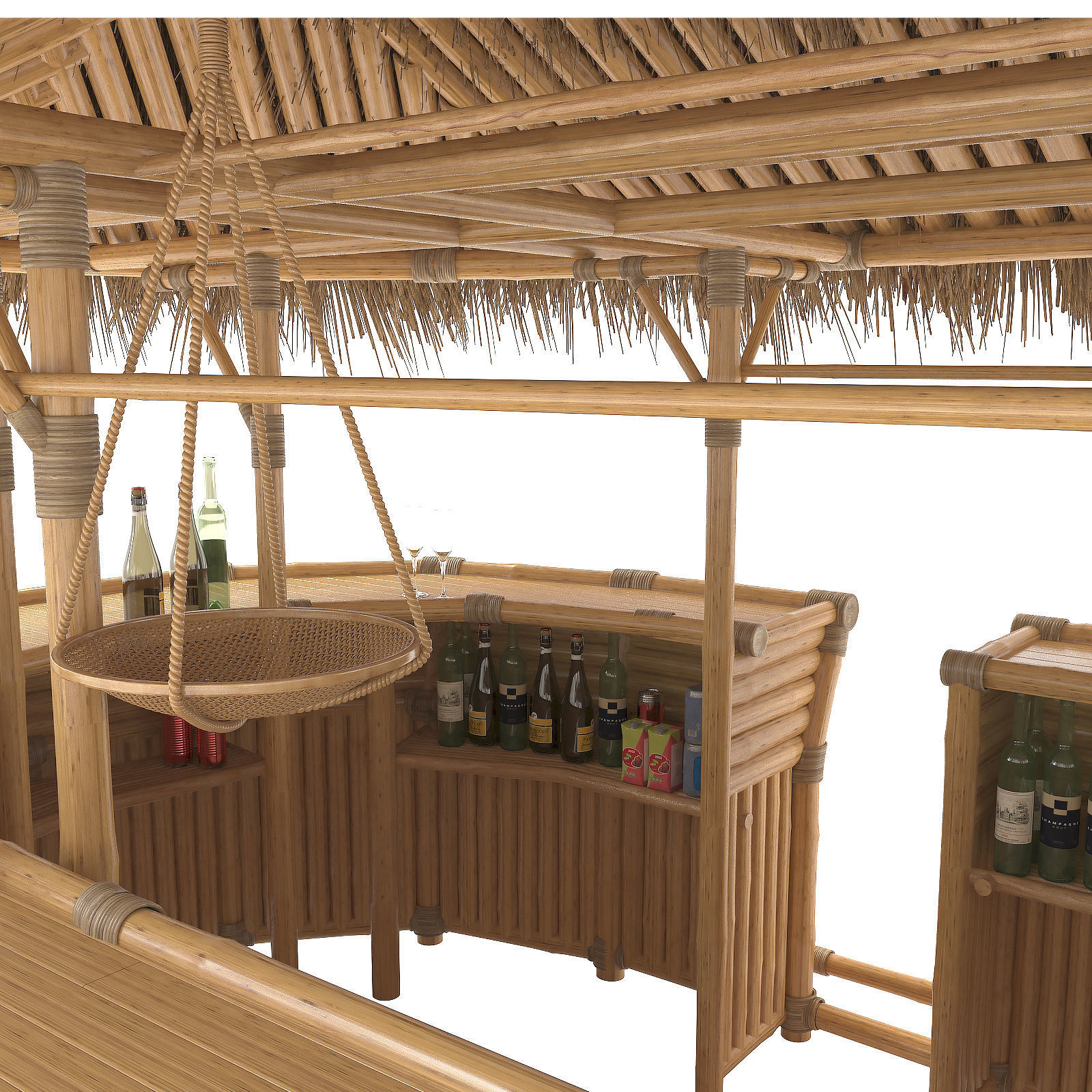 Thatched Bamboo tiki bar oval with chairs 3D model_16