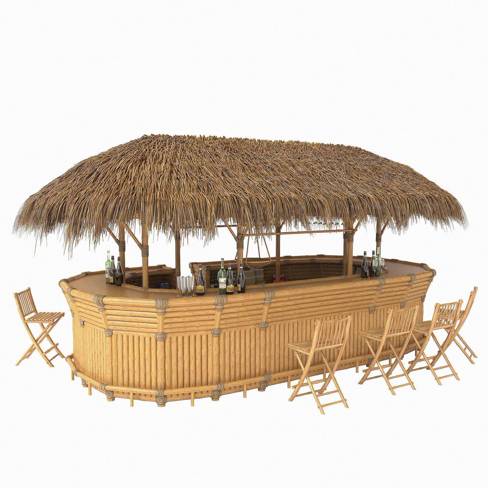 Thatched Bamboo tiki bar oval with chairs 3D model_7