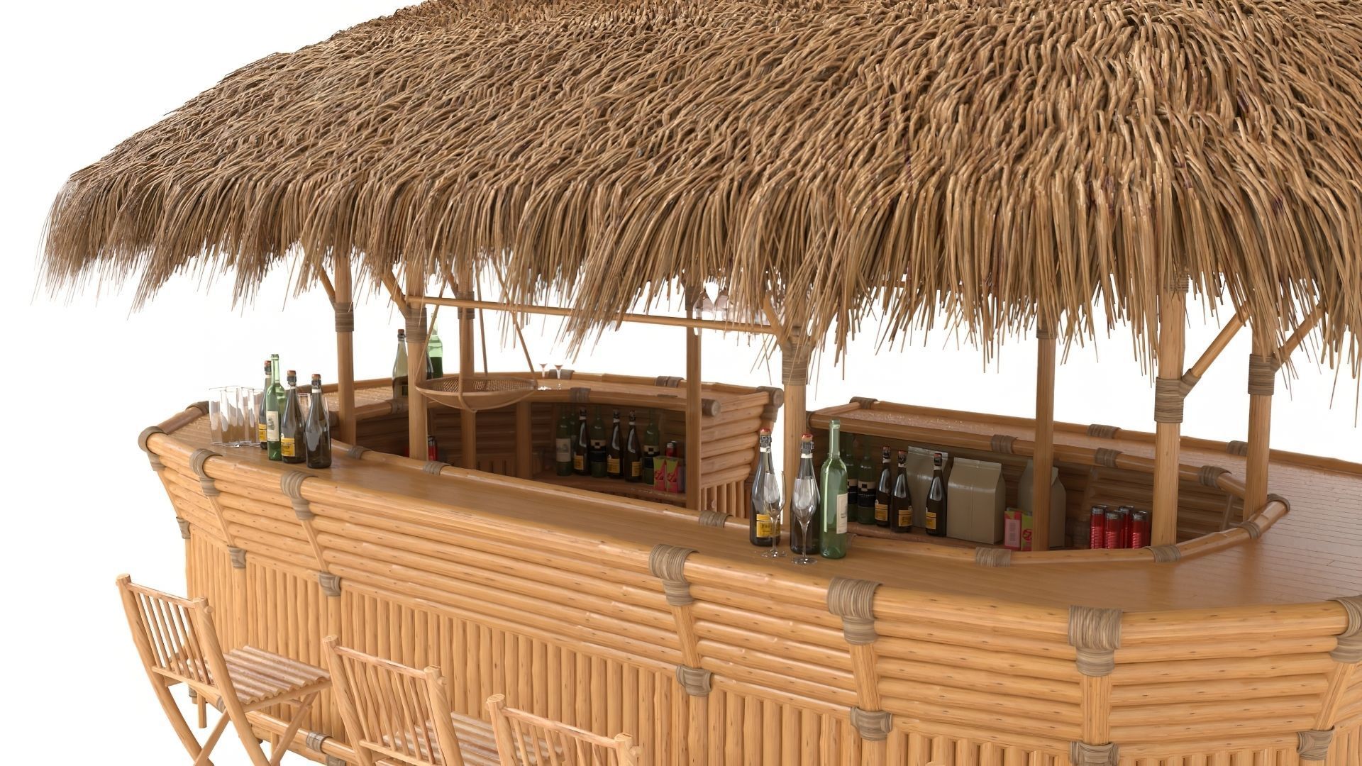 Thatched Bamboo tiki bar oval with chairs 3D model_8