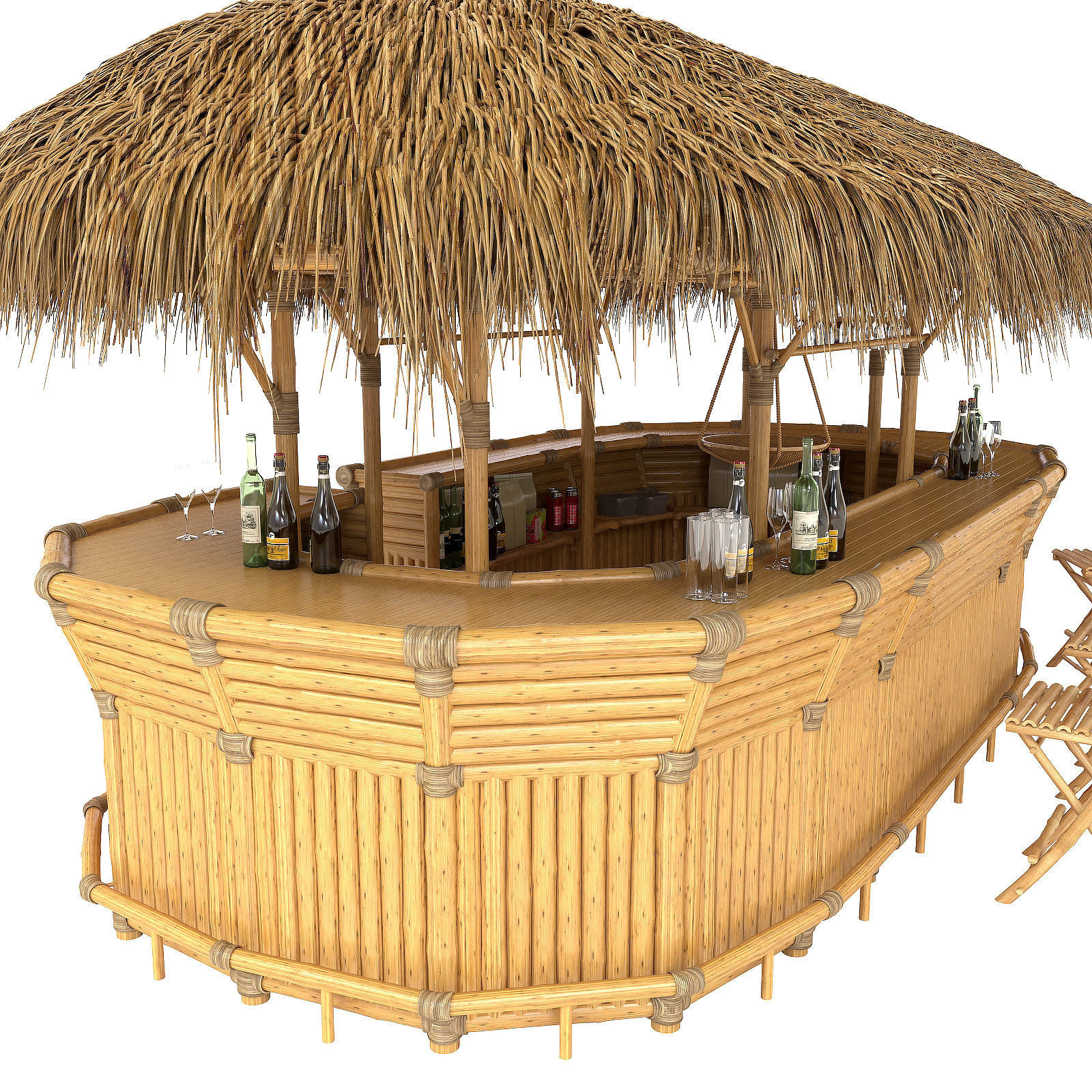 Thatched Bamboo tiki bar oval with chairs 3D model_13