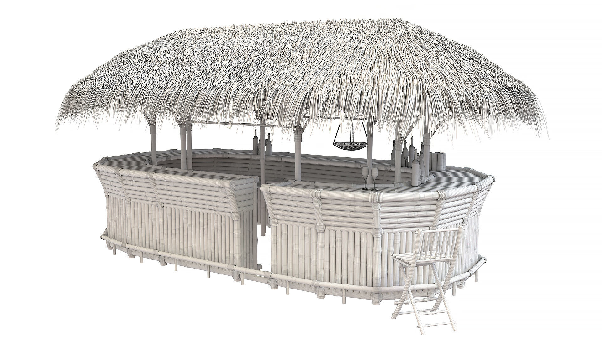Thatched Bamboo tiki bar oval with chairs 3D model_4