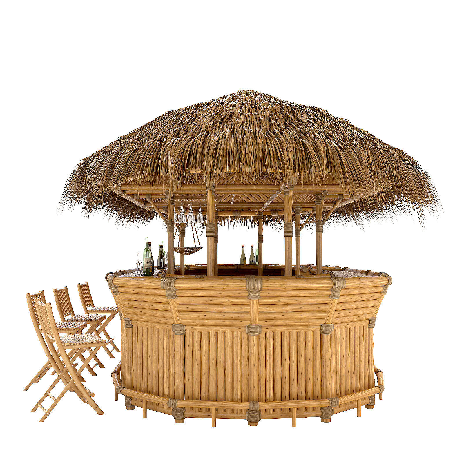 Thatched Bamboo tiki bar oval with chairs 3D model_2