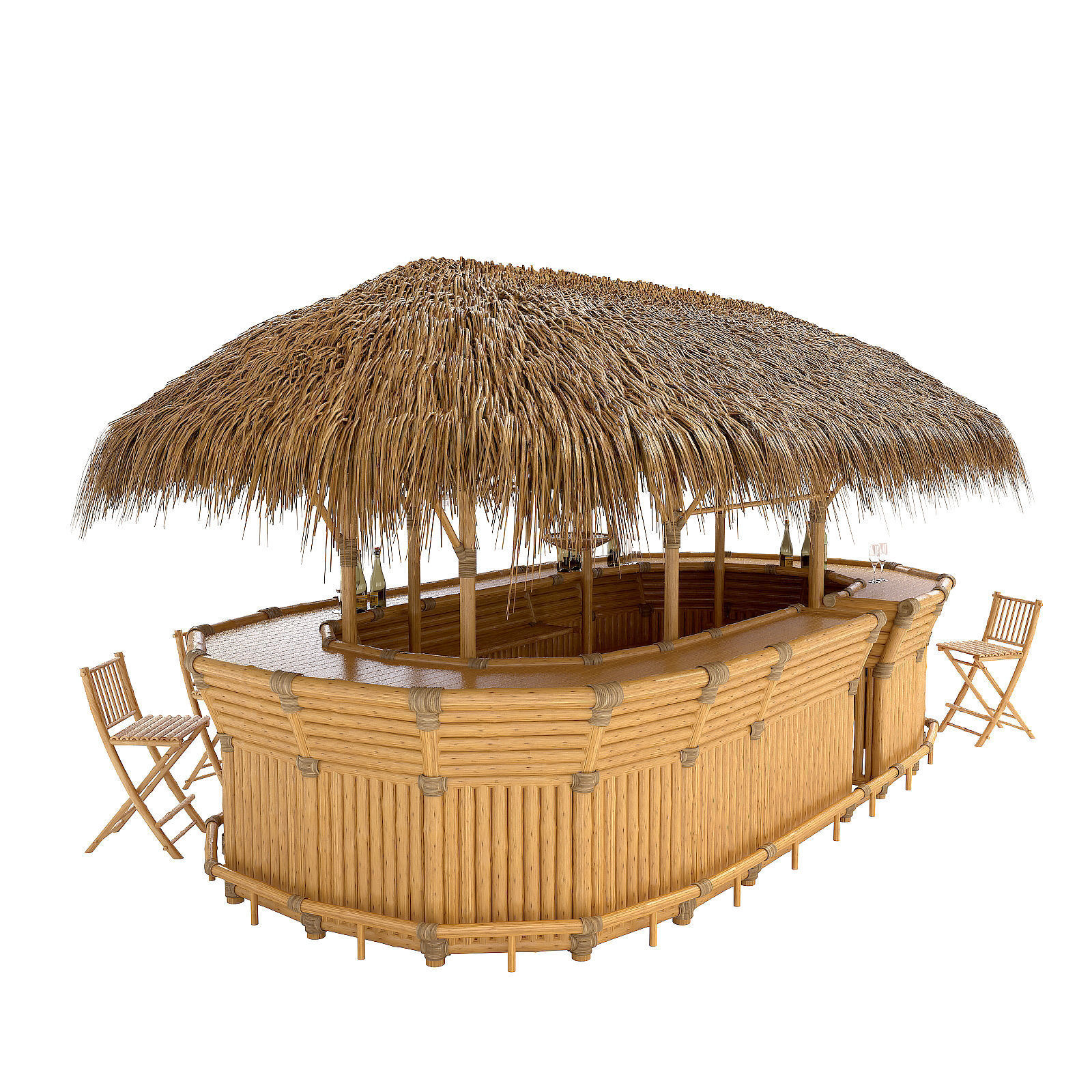 Thatched Bamboo tiki bar oval with chairs 3D model_1