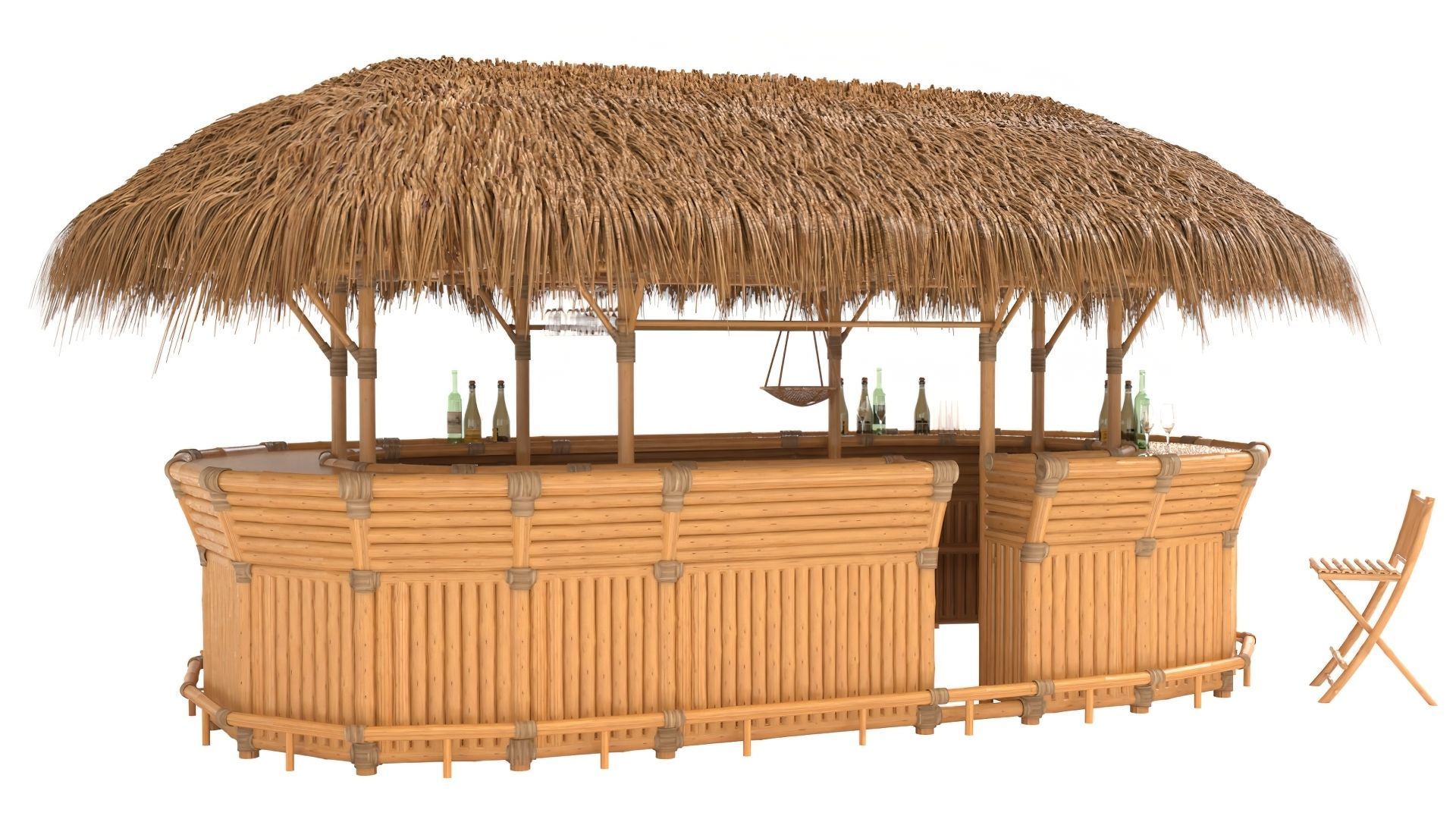 Thatched Bamboo tiki bar oval with chairs 3D model_10
