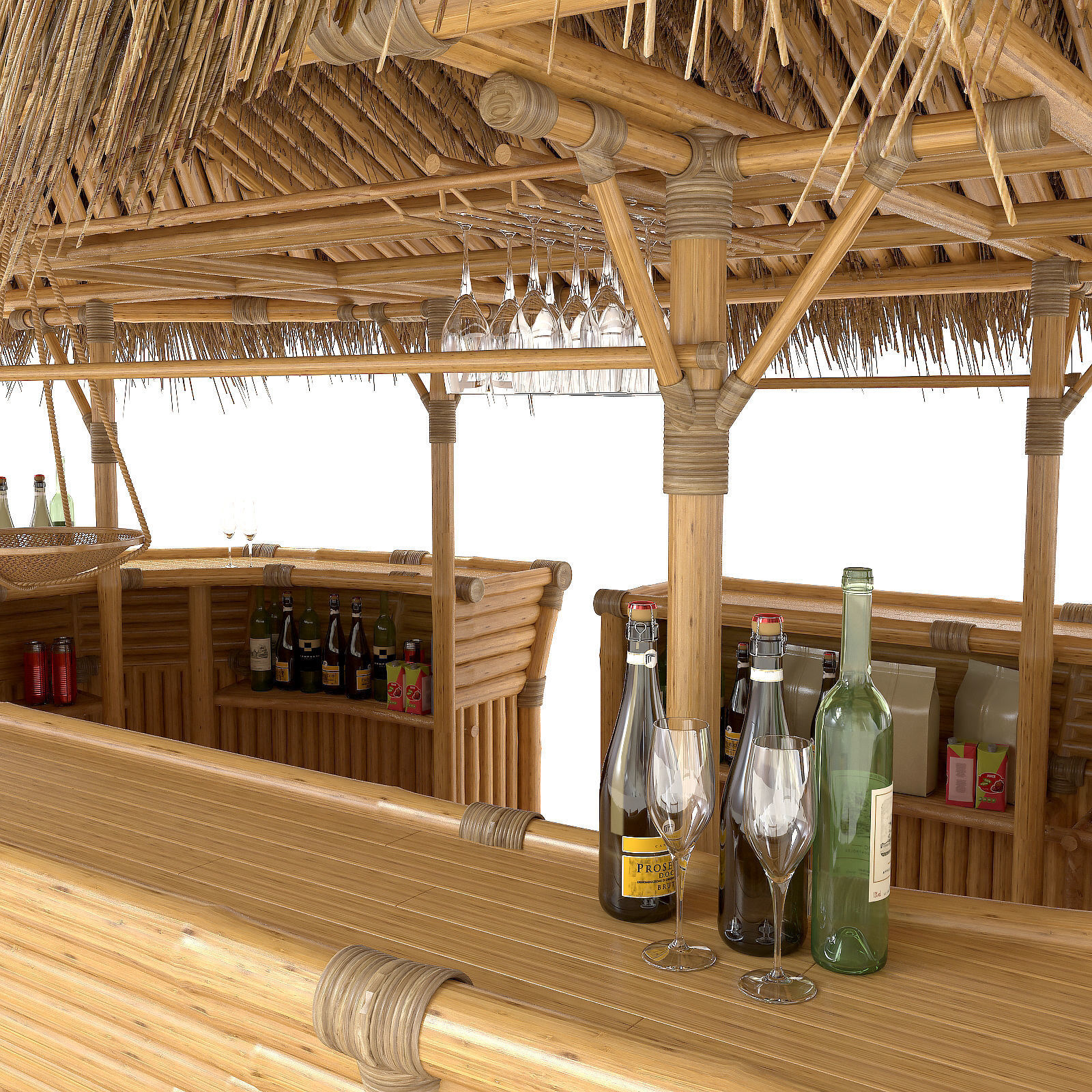 Thatched Bamboo tiki bar oval with chairs 3D model_15