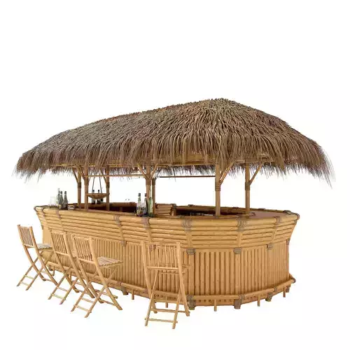 Thatched Bamboo tiki bar oval with chairs 3D model
