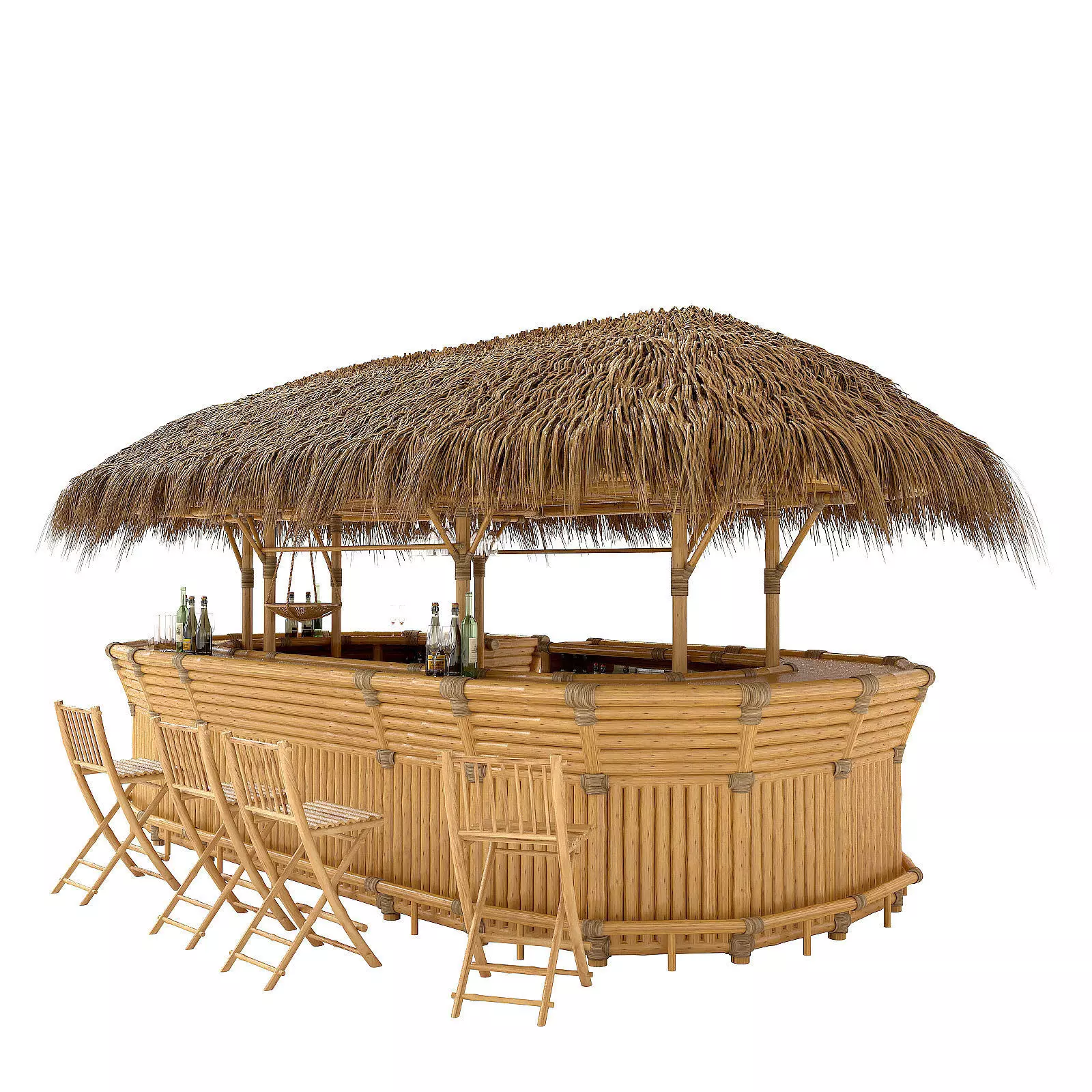 Thatched Bamboo tiki bar oval with chairs 3D model_0
