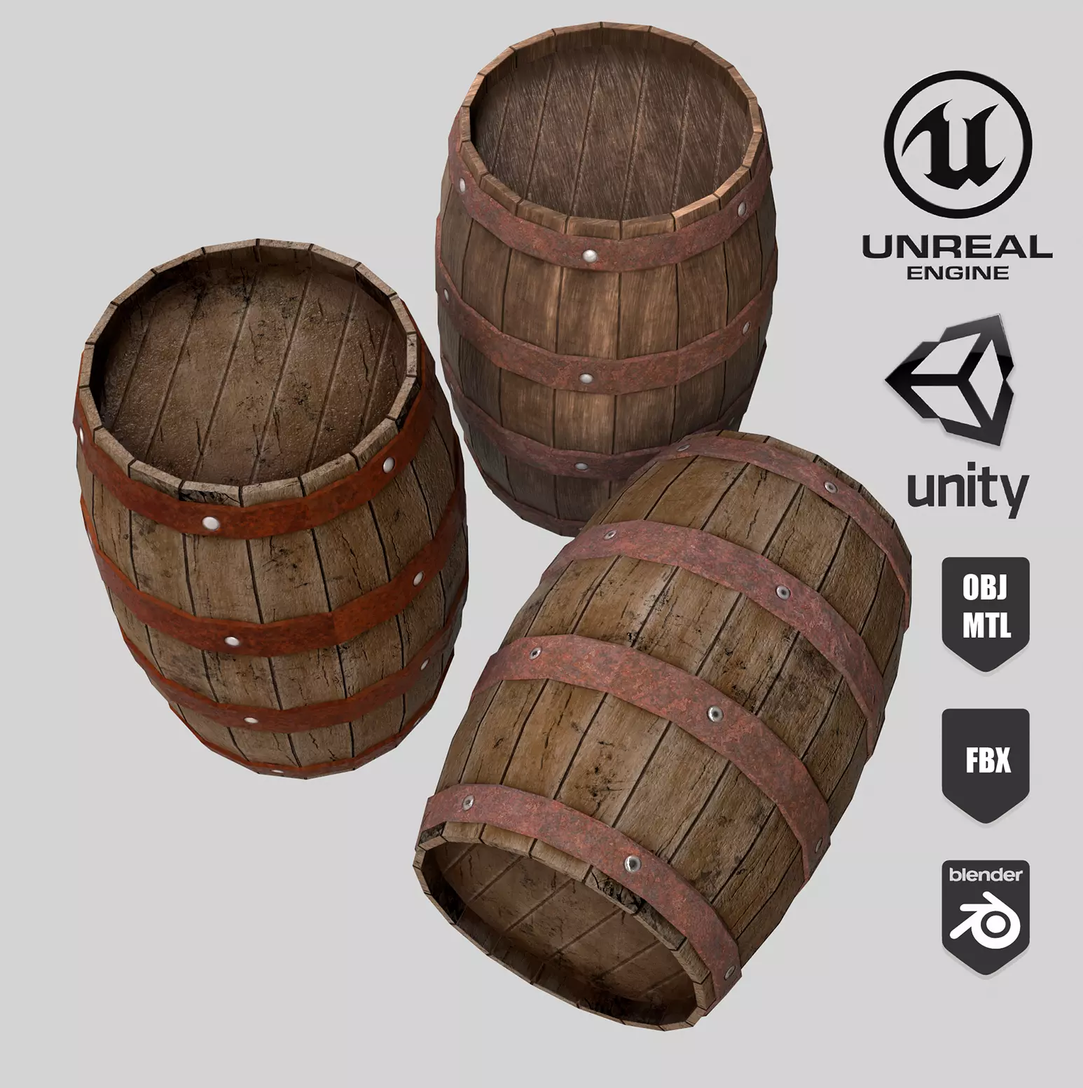 Collection of wooden barrelsLow-poly 3D model Low-poly 3D model_0