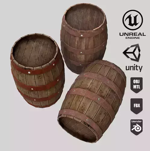Collection of wooden barrelsLow-poly 3D model 