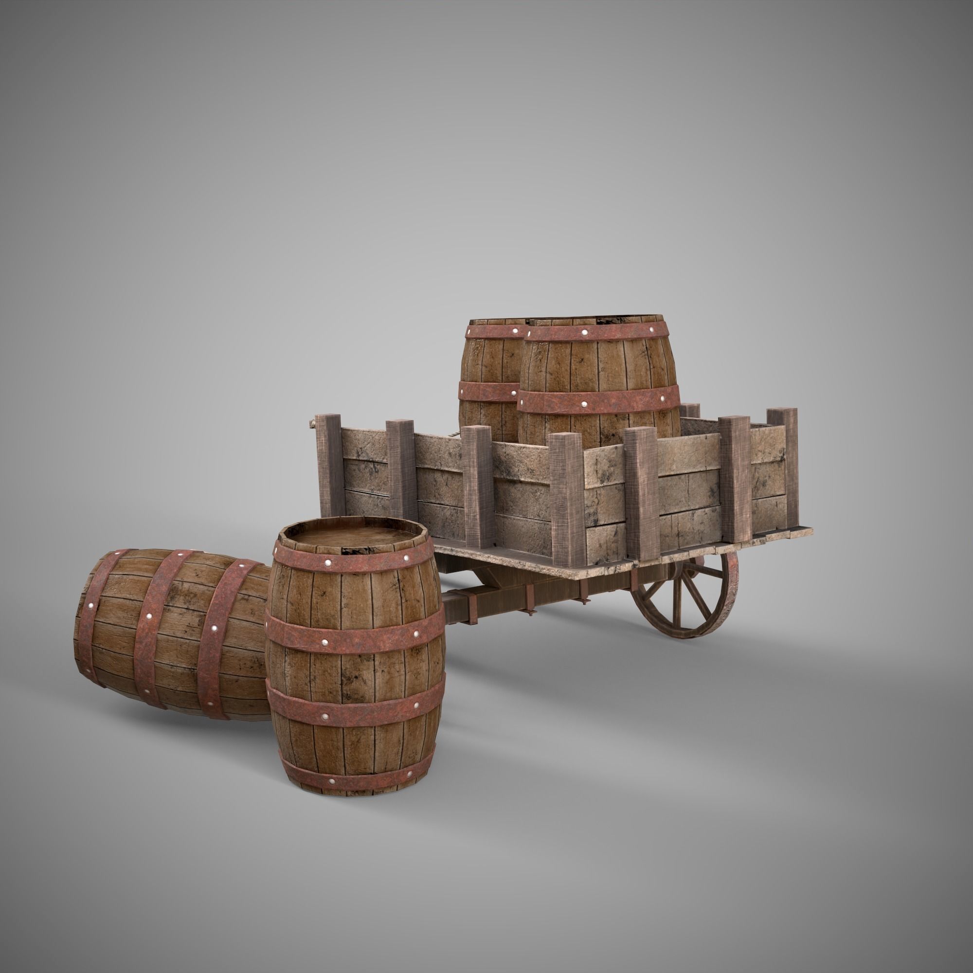 Low-poly 3D model collection of cart and wooden barrels Low-poly 3D model_4