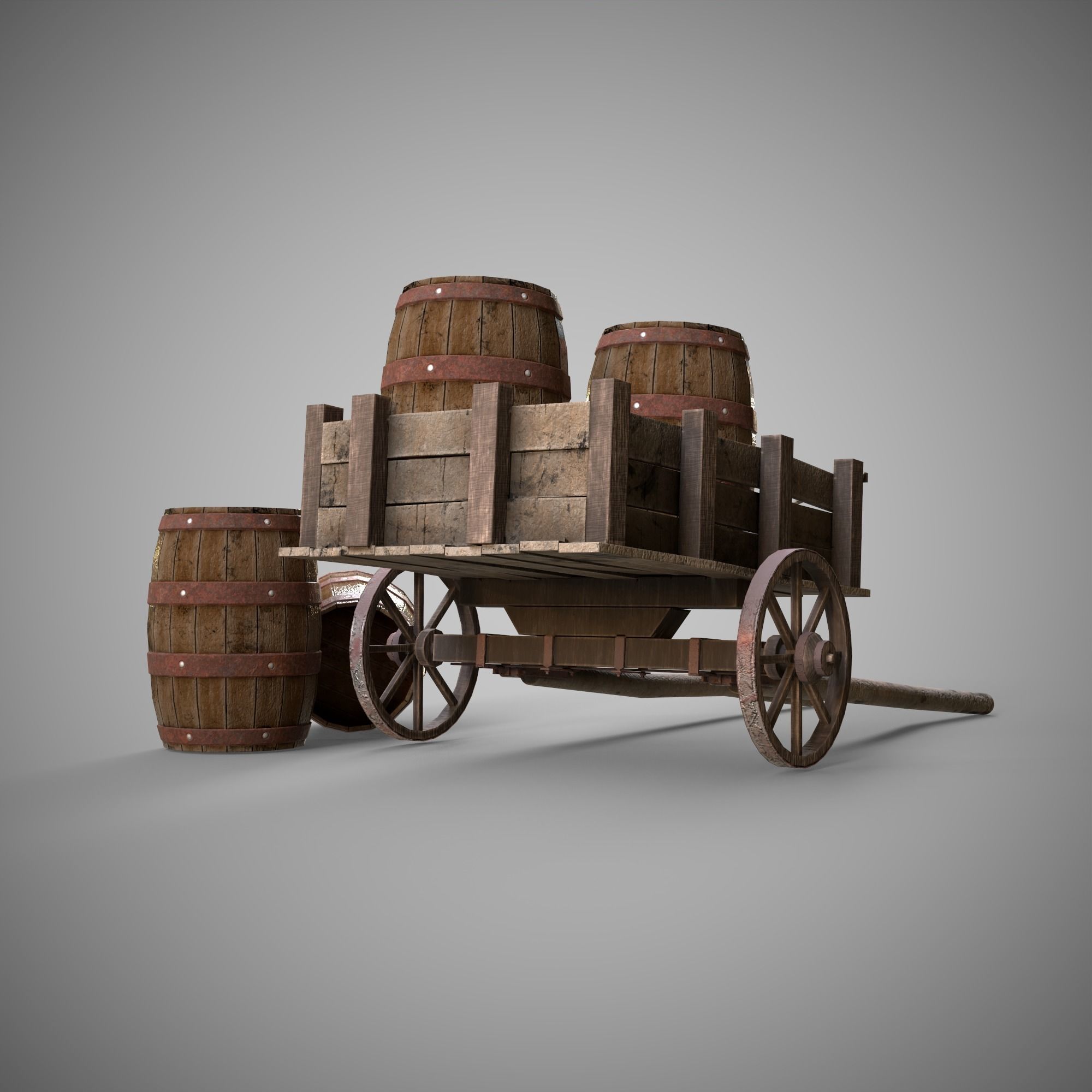Low-poly 3D model collection of cart and wooden barrels Low-poly 3D model_2