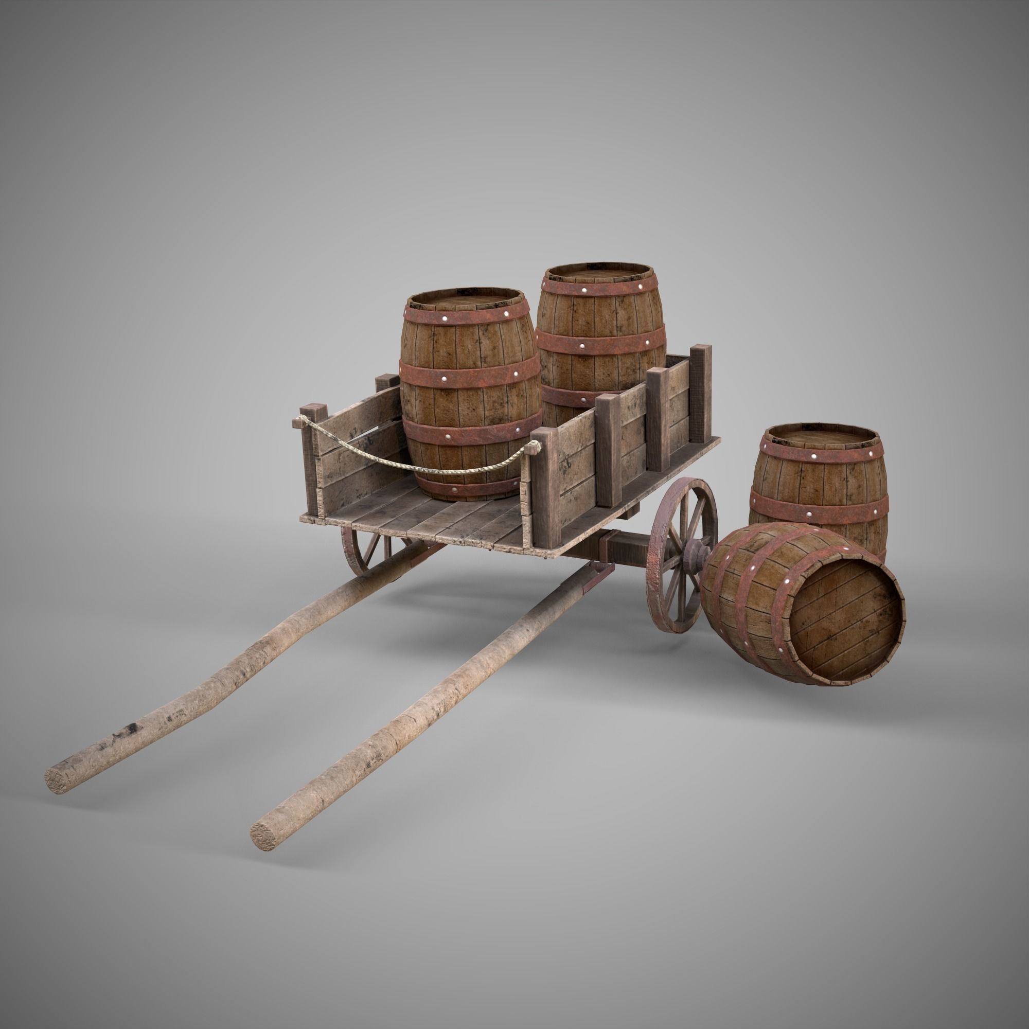 Low-poly 3D model collection of cart and wooden barrels Low-poly 3D model_1