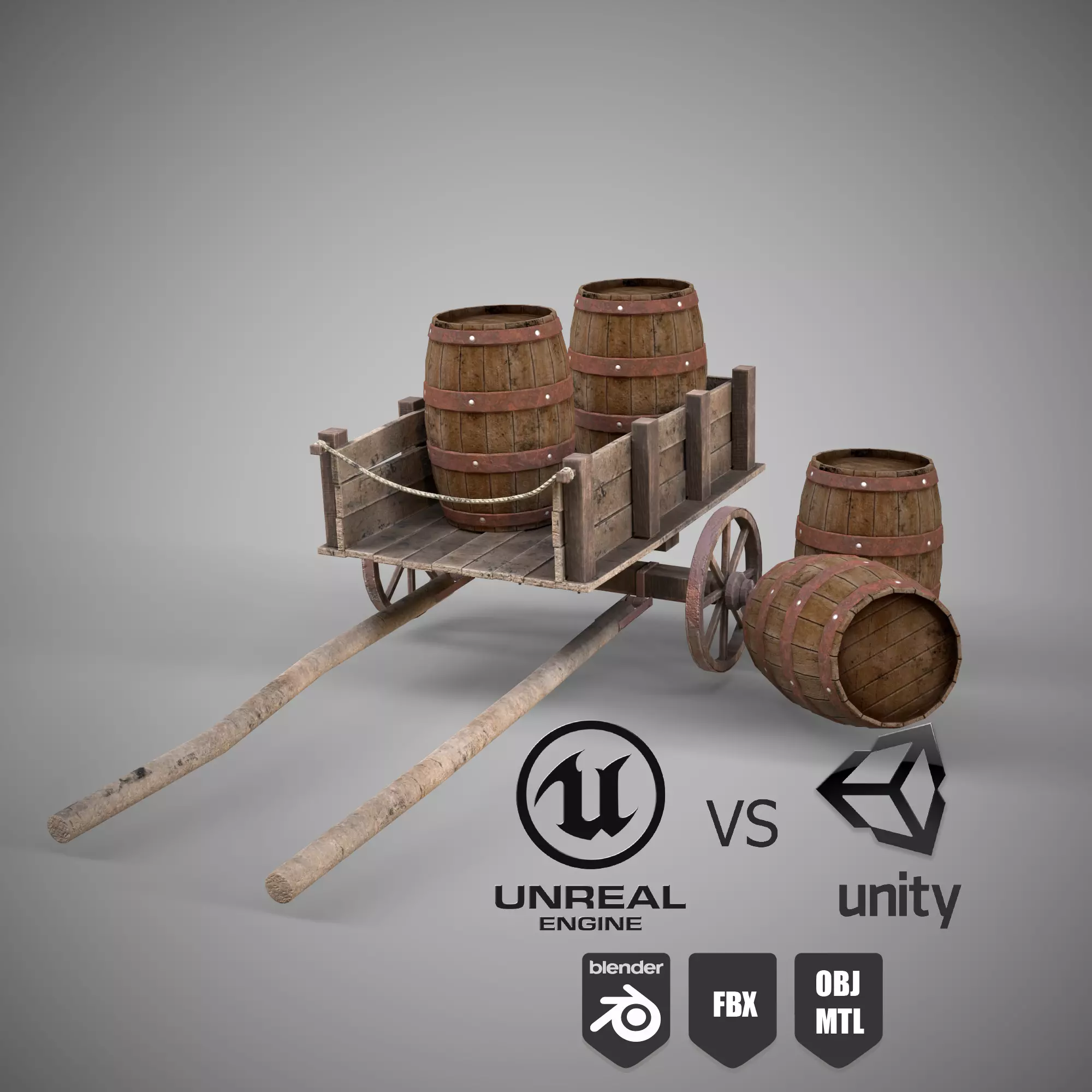 Low-poly 3D model collection of cart and wooden barrels Low-poly 3D model_0