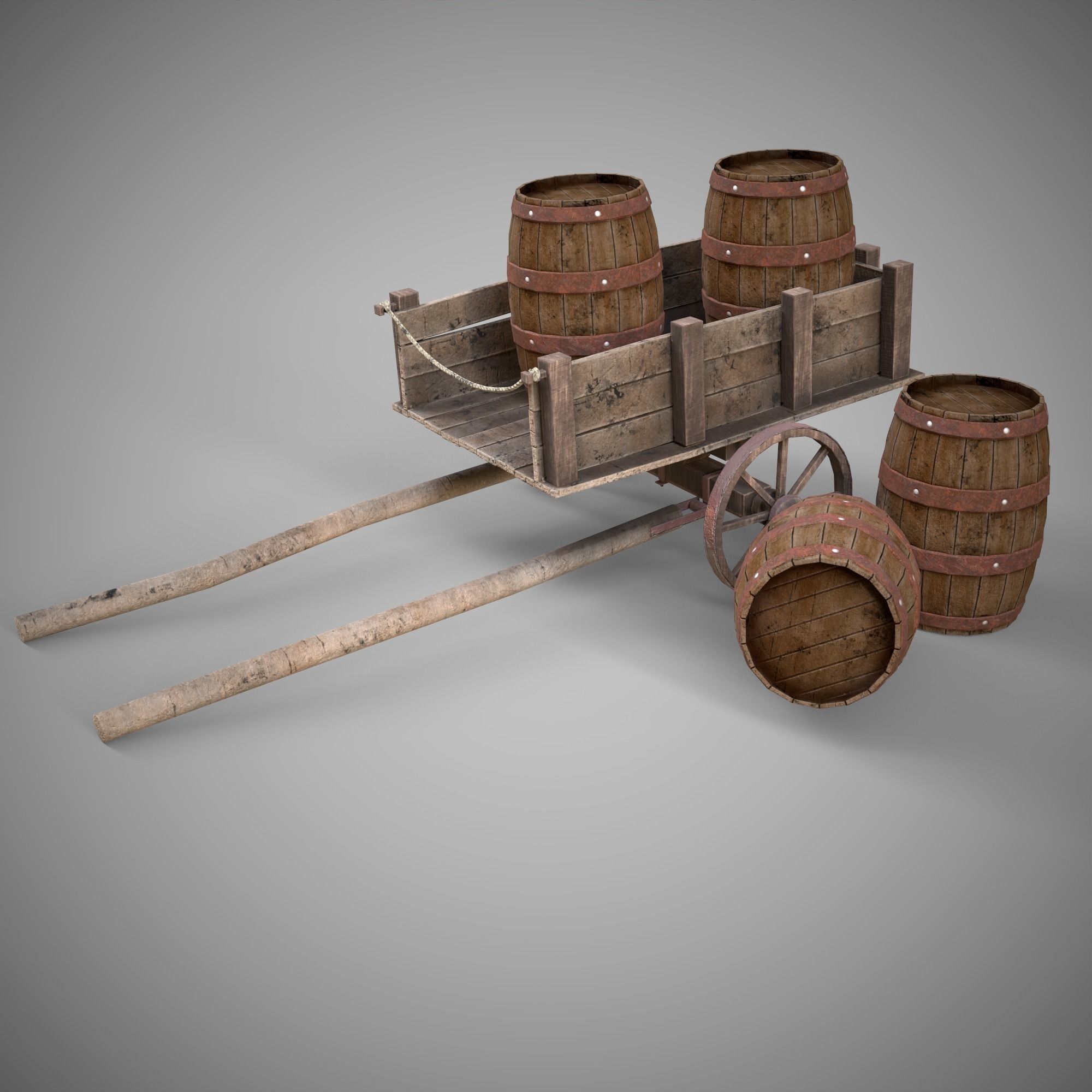 Low-poly 3D model collection of cart and wooden barrels Low-poly 3D model_5