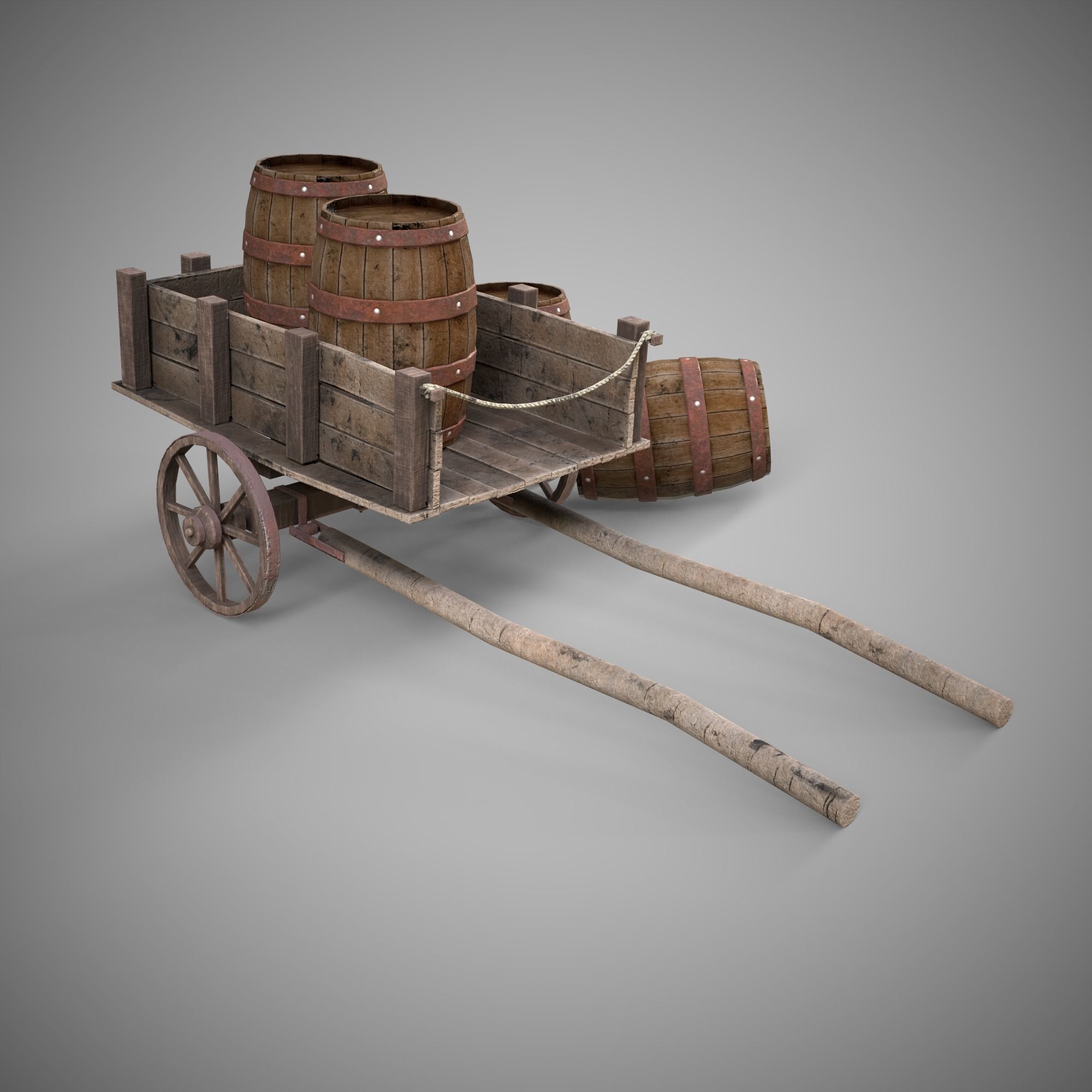 Low-poly 3D model collection of cart and wooden barrels Low-poly 3D model_3