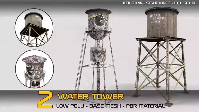 2 Water Towers with PBR material Low-poly 3D model