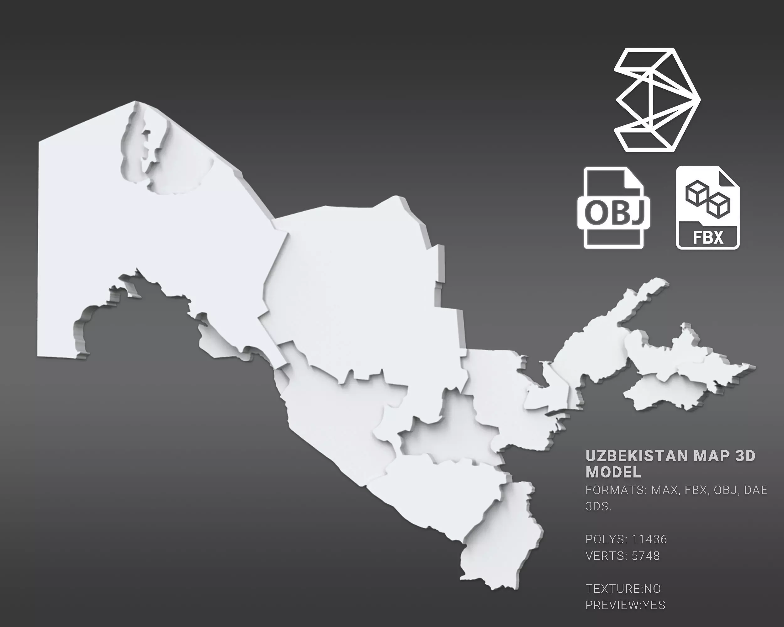 Uzbekistan 3D map Low-poly 3D model_0