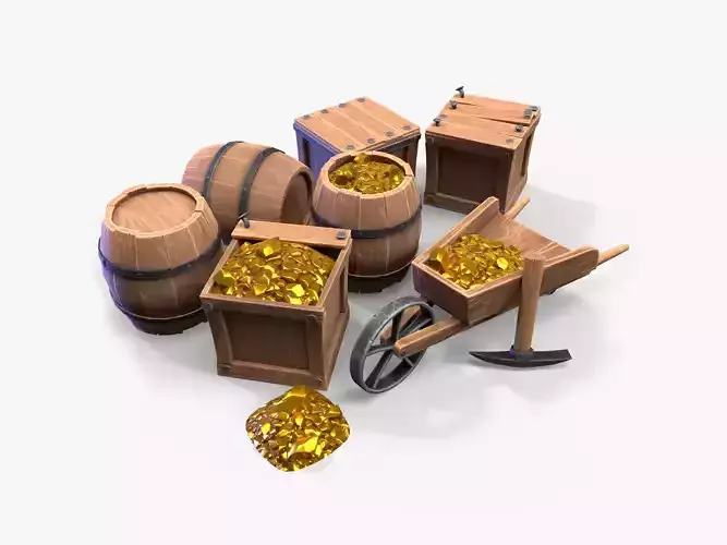 Stylized gold crates and cart Low-poly 3D model