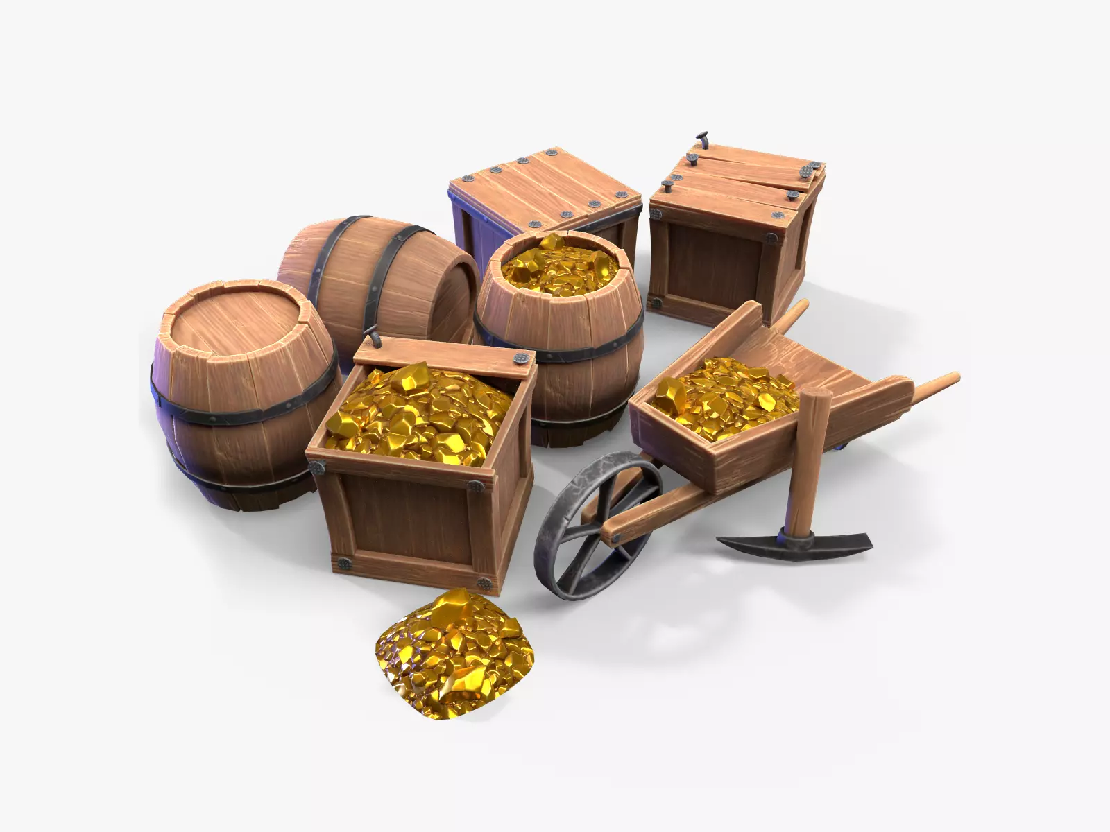 Stylized gold crates and cart Low-poly 3D model