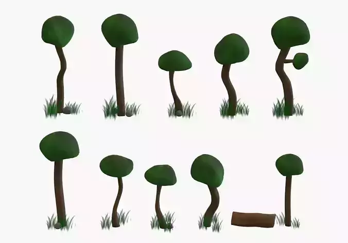 low poly trees collection set of and grass