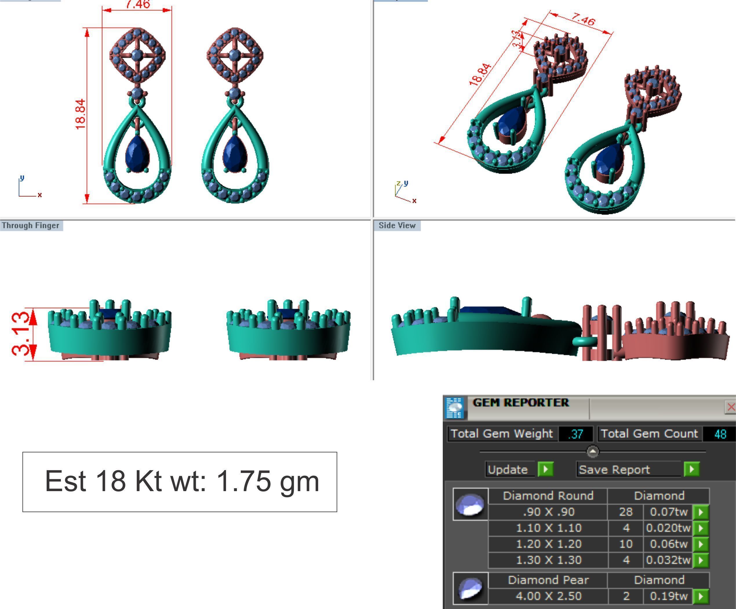 Women Pear Stone Earrings 3dm stl render detail  3D print model_6